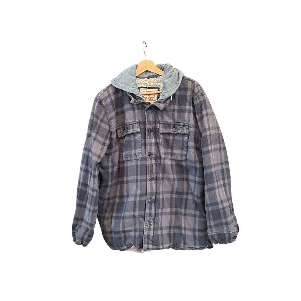 Levi's Sherpa Lined Hooded Flannel Jacket Gray Plaid Button Up Warm Shacket
